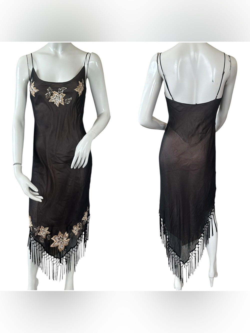 Vintage Betsey Johnson Evening Black Floral Beaded Gothic Tassel Trim Midi Dress